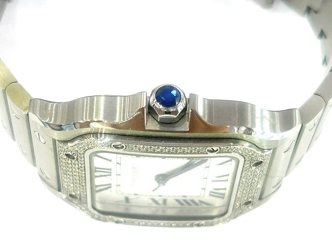 Cartier Stainless Steel Santos De Cartier Watch Pave Bezel Medium Model B&P