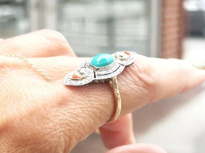 Platinum/18K Rose gold Diamond & Turquoise & Coral Art - Deco Ring 1.50 Carats