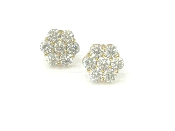 14K Yellow Gold Diamond Cluster Flower Stud Earrings Apx. 2.30-2.50 Carats