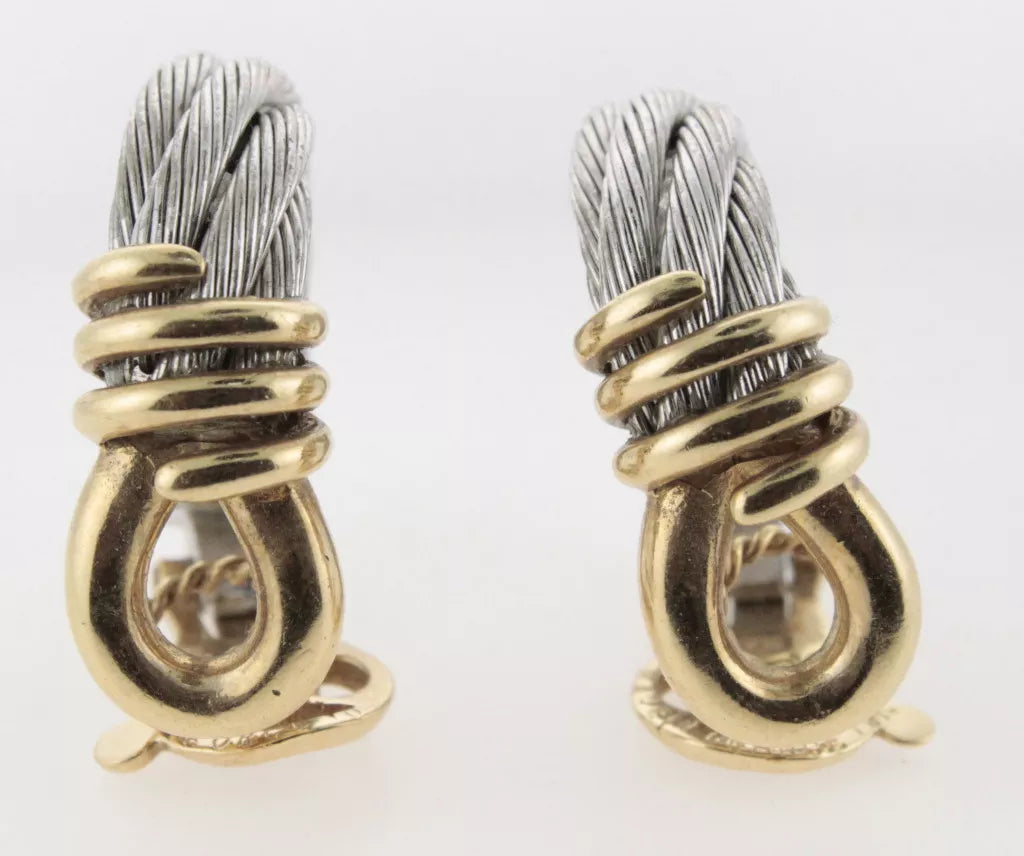 Authentic Fred Paris 18K Yellow Gold & Steel Cable Earrings