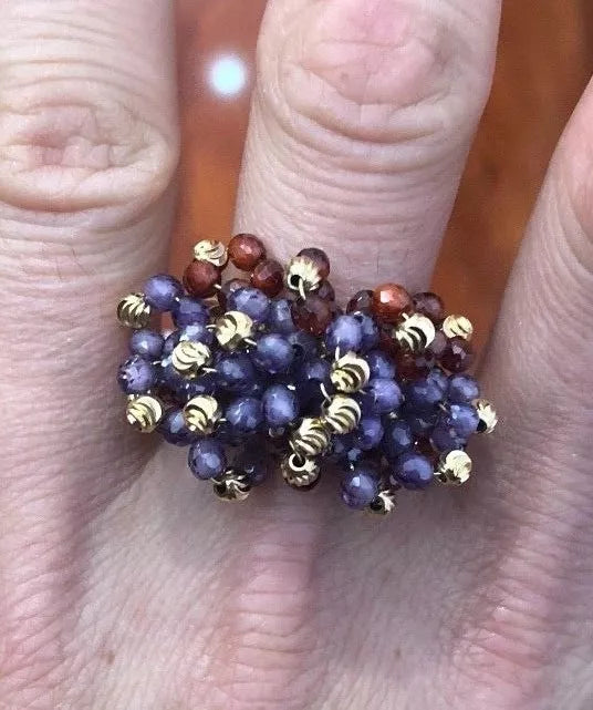 18K Yellow Gold, Amethyst & Garnet Briolette Beaded Ring