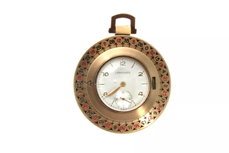 Longines 14k Yellow Gold & Enamel Roulette Pocket Watch Circa 1940s With Pouch
