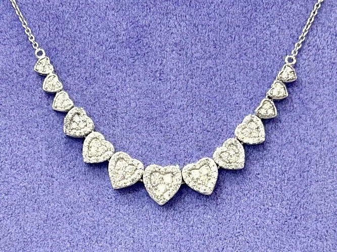 14K White Gold Diamond Heart Station Pendant Necklace 1.00 Carats