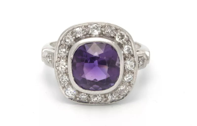 Antique 0.50 ctw Purple Amethyst Diamond Cocktail Ring Palladium Size 7 4.3 gram