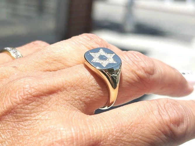 14K Yellow Gold Star of David Diamond Signet Ring 0.16 Carats