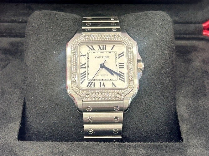 Cartier Stainless Steel Santos De Cartier Watch Pave Bezel Medium Model B&P