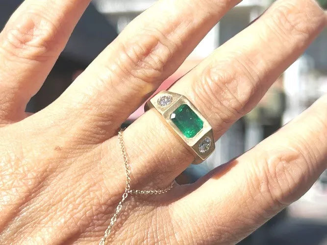 14K Yellow Gold Emerald & Diamond Signet Ring 2.03 Carat Total Weight