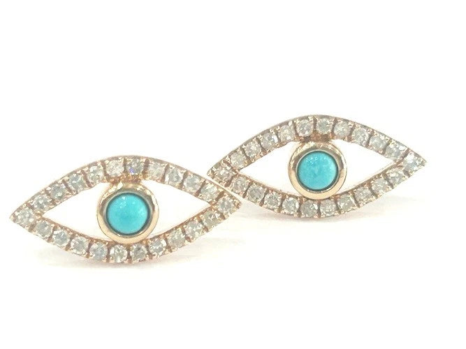14K Rose Gold Turquoise Evil Eye Diamond Stud Earrings 0.28 Carats