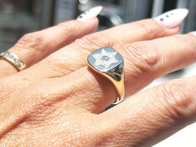14K Yellow Gold Star of David Diamond Signet Ring 0.16 Carats