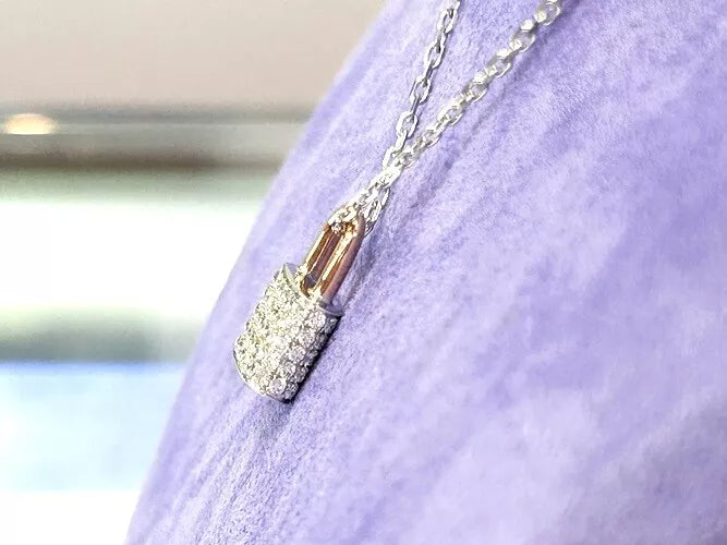 18K Rose & White Gold Diamond Padlock Pendant Necklace 1.18 Carat Total Weight