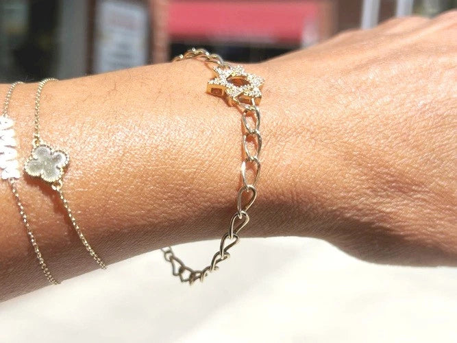 14K Yellow Gold Diamond Star of David Chain Link Bracelet 0.30 Carats