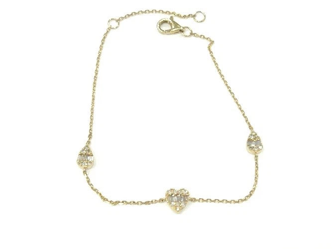 14K Yellow Gold Diamond Heart Station Chain Bracelet 0.25 Carats