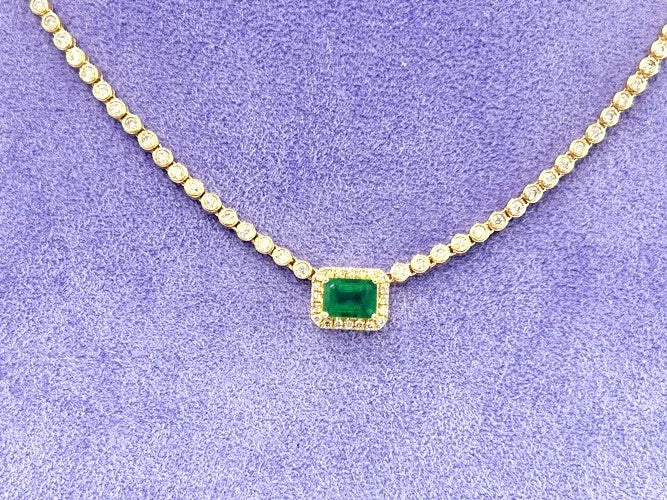 14K Yellow Gold Emerald & Diamond Bezel Necklace 1.85 Carat Total Weight