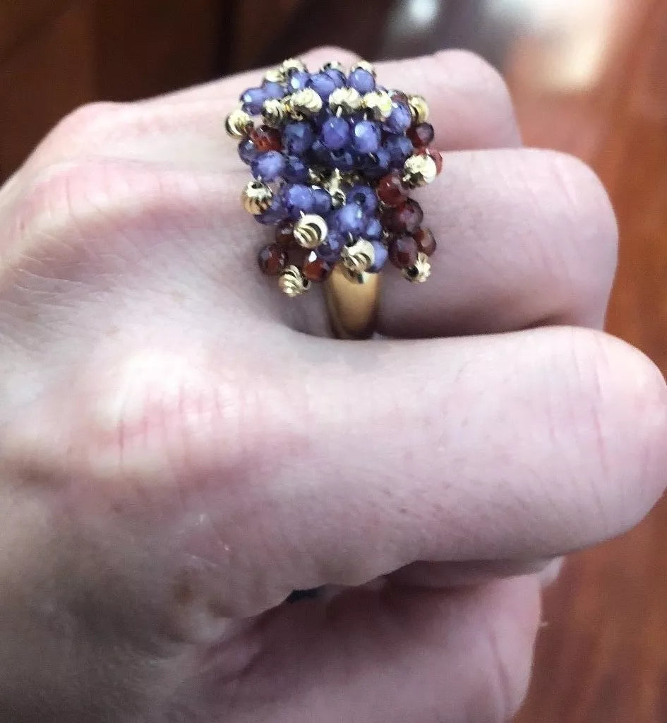 18K Yellow Gold, Amethyst & Garnet Briolette Beaded Ring