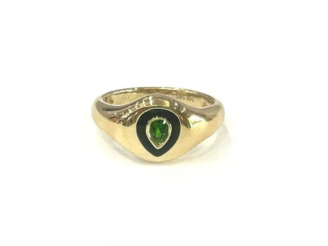 14K Yellow Gold Green Peridot & Black Enamel Signet Ring 0.18 Carats