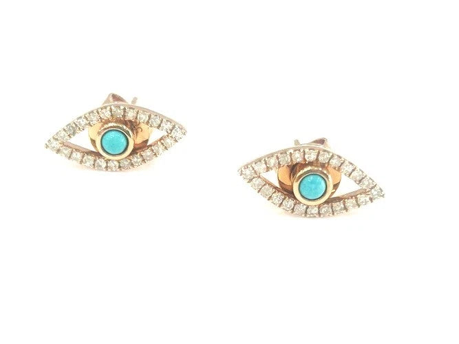 14K Rose Gold Turquoise Evil Eye Diamond Stud Earrings 0.28 Carats
