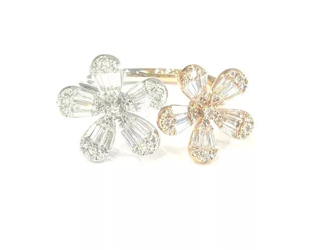 18K Rose & White Gold Diamond Double Flower Open Ring 1.03 Carats