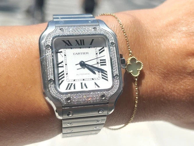 Cartier Stainless Steel Santos De Cartier Watch Pave Bezel Medium Model B&P