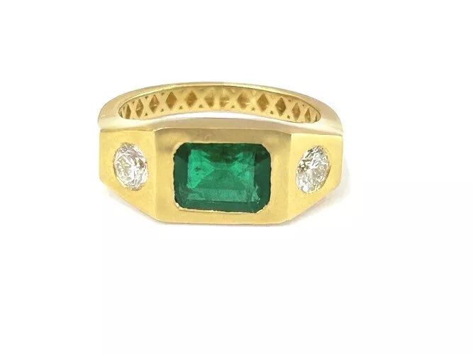 14K Yellow Gold Emerald & Diamond Signet Ring 2.03 Carat Total Weight