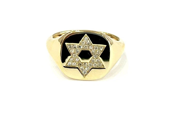 14K Yellow Gold Star of David Diamond Signet Ring 0.16 Carats