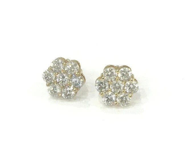 14K Yellow Gold Diamond Cluster Flower Stud Earrings Apx. 2.30-2.50 Carats