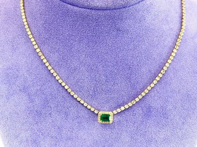 14K Yellow Gold Emerald & Diamond Bezel Necklace 1.85 Carat Total Weight
