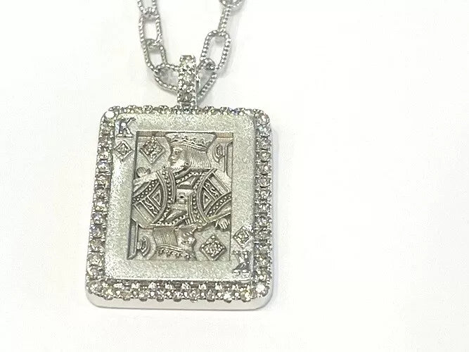 14K White Gold Ace King Of Diamond Pendant Necklace 0.73 Carats