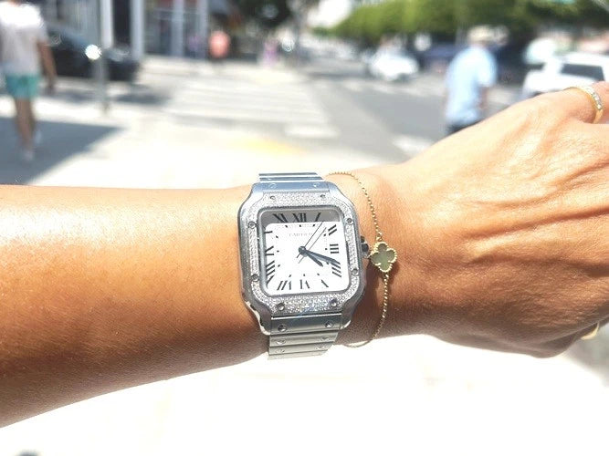 Cartier Stainless Steel Santos De Cartier Watch Pave Bezel Medium Model B&P