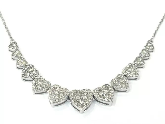 14K White Gold Diamond Heart Station Pendant Necklace 1.00 Carats