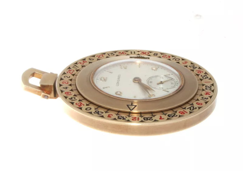 Longines 14k Yellow Gold & Enamel Roulette Pocket Watch Circa 1940s With Pouch