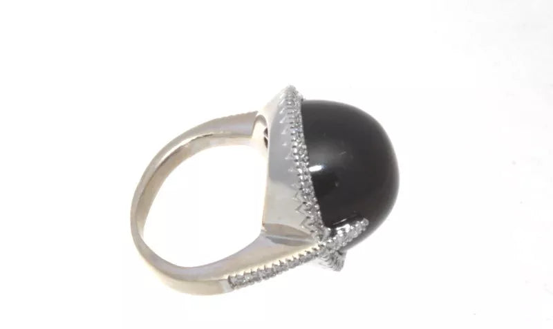 14k White Gold, Diamond & Grayish Black Cabochon Star Sapphire Ring 10.50 Tcw.