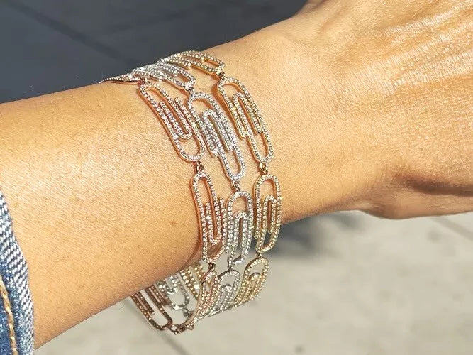 Diamond 14KWhite-Yellow & Rosegold Paperclip Bracelet 2.35 Carats