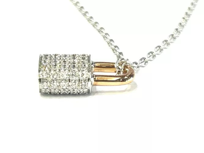 18K Rose & White Gold Diamond Padlock Pendant Necklace 1.18 Carat Total Weight