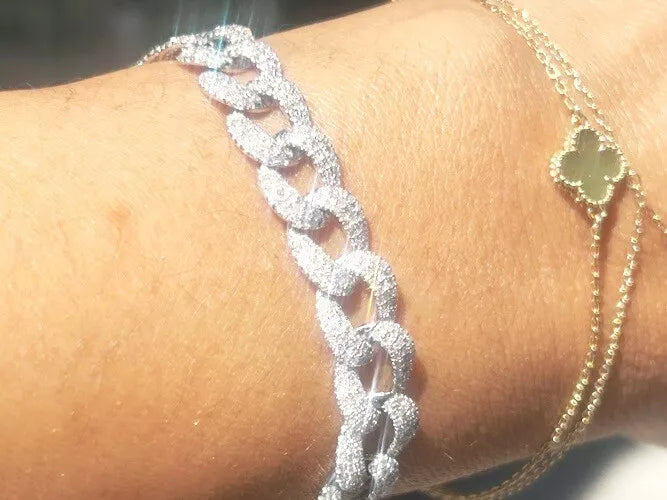 14K White Gold Diamond Pave' Cuban Link Bracelet 2.99 Carats