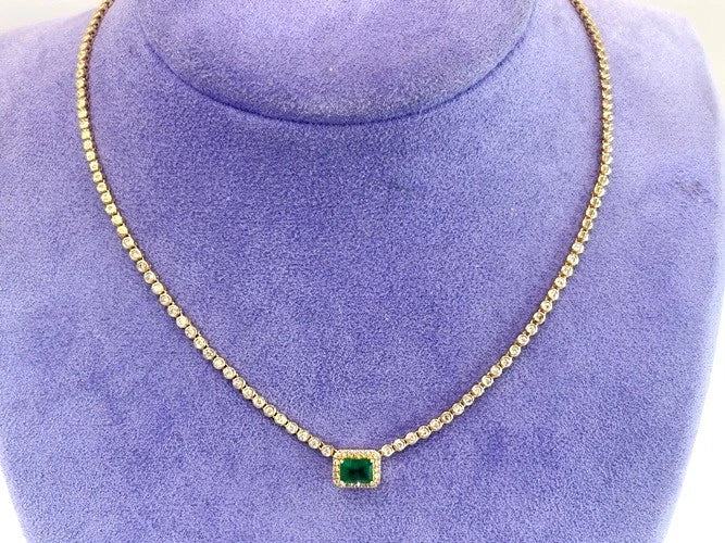 14K Yellow Gold Emerald & Diamond Bezel Necklace 1.85 Carat Total Weight