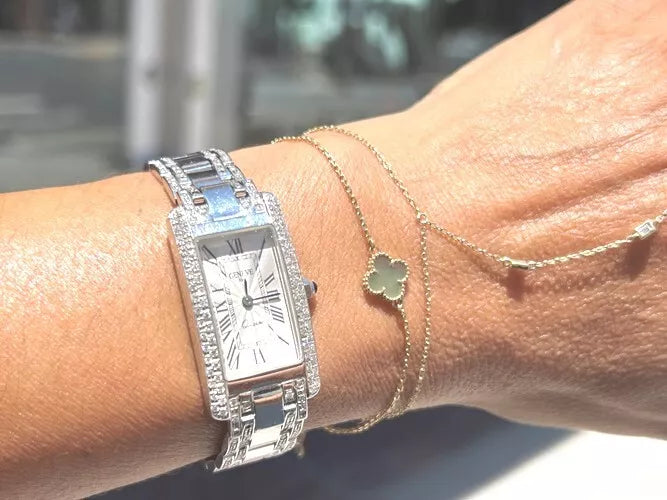 14K White Gold Square Diamond Ladies Geneve Italian American Tank Watch