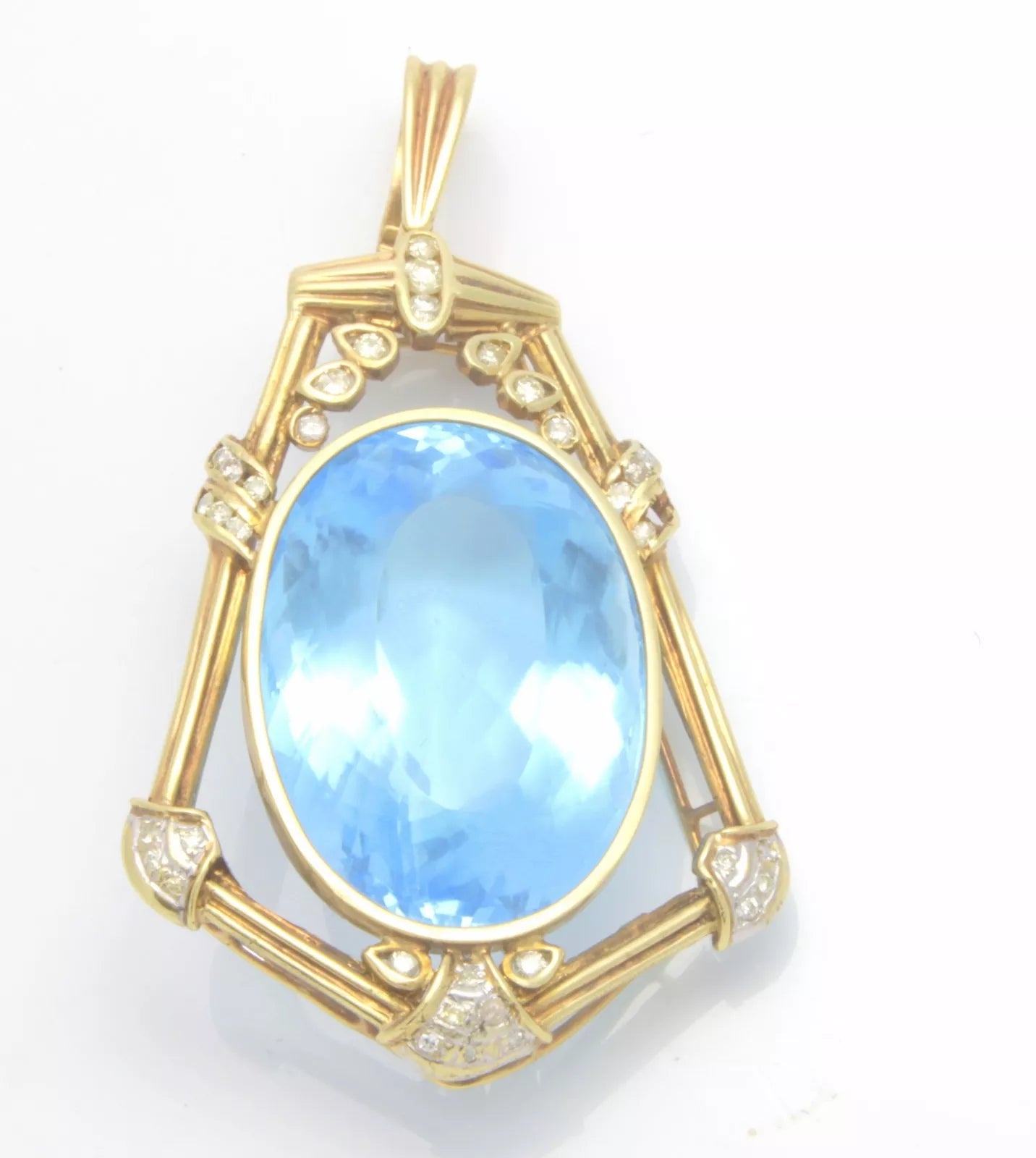 Estate Well Made 30mm Blue Topaz Diamond Pendant in 14K Yellow Gold 28.9 gram