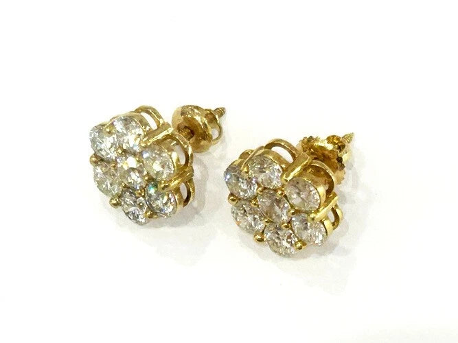 14K Yellow Gold Diamond Cluster Flower Stud Earrings Apx. 2.30-2.50 Carats