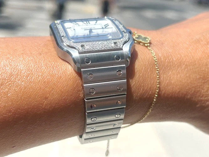 Cartier Stainless Steel Santos De Cartier Watch Pave Bezel Medium Model B&P