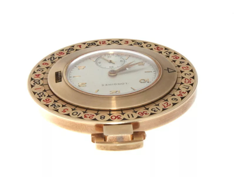 Longines 14k Yellow Gold & Enamel Roulette Pocket Watch Circa 1940s With Pouch