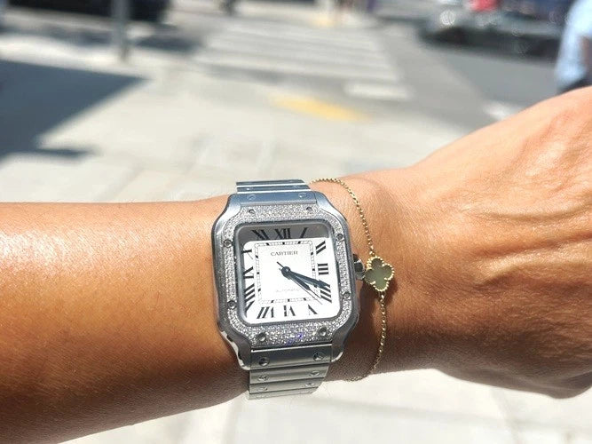 Cartier Stainless Steel Santos De Cartier Watch Pave Bezel Medium Model B&P