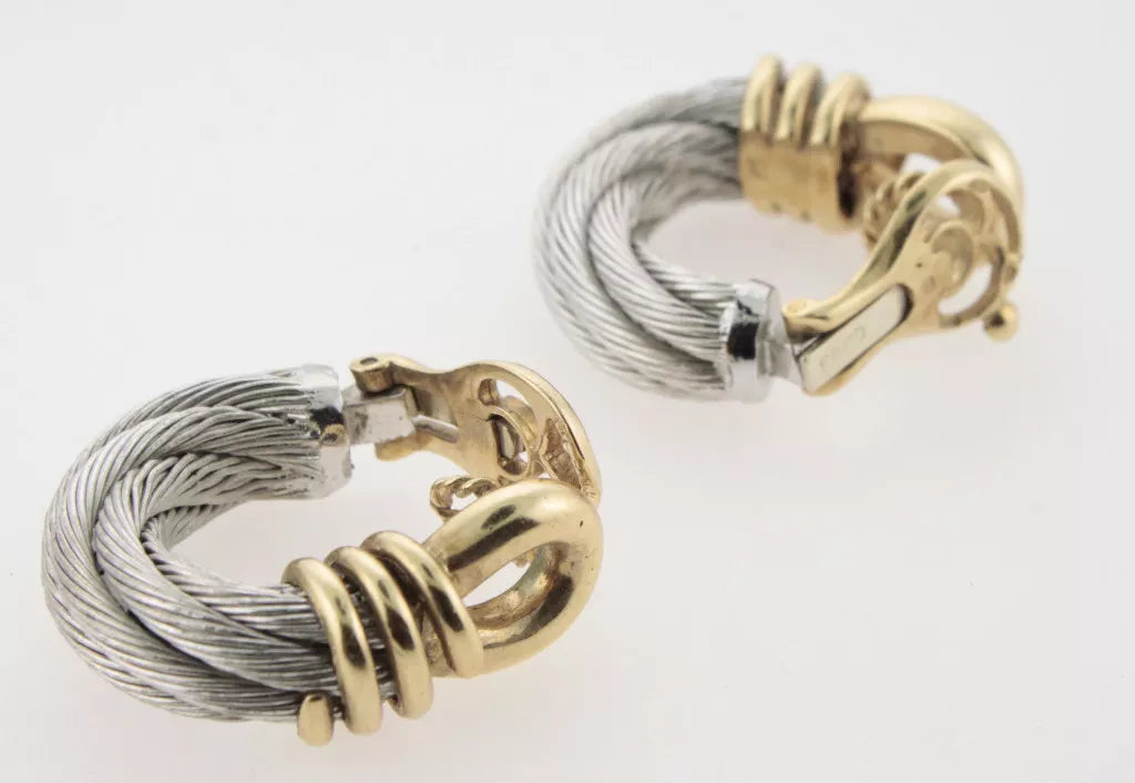 Authentic Fred Paris 18K Yellow Gold & Steel Cable Earrings