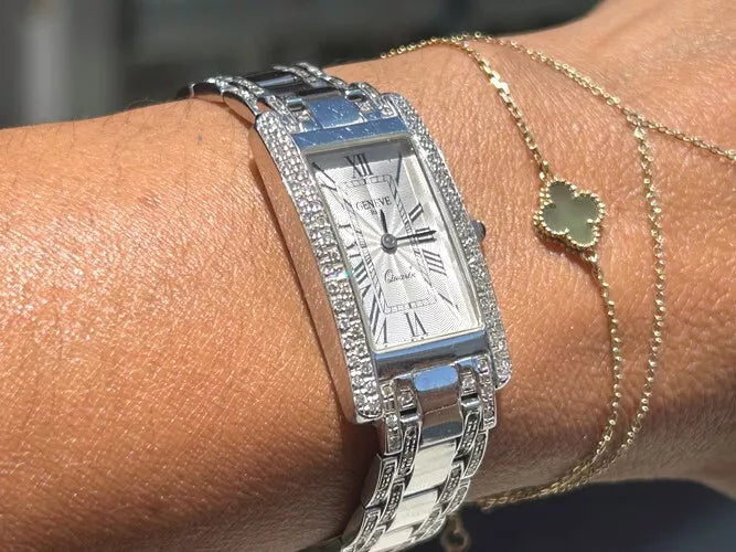 14K White Gold Square Diamond Ladies Geneve Italian American Tank Watch