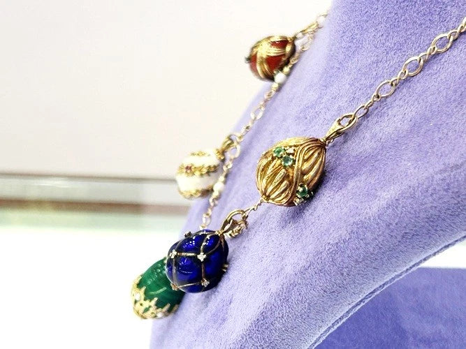 14K Yellow Gold 5 Egg Enamel & Gold Necklace 38.5 Grams