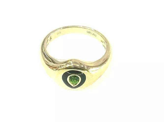 14K Yellow Gold Green Peridot & Black Enamel Signet Ring 0.18 Carats