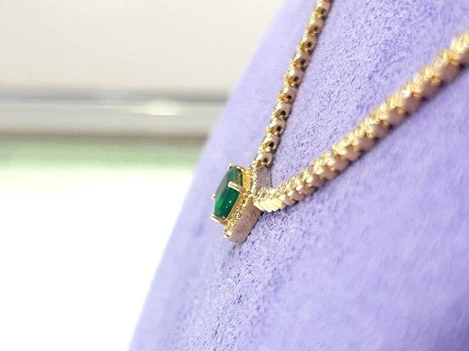 14K Yellow Gold Emerald & Diamond Bezel Necklace 1.85 Carat Total Weight