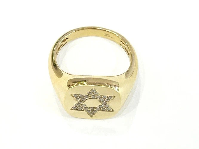 14K Yellow Gold Star of David Diamond Signet Ring 0.16 Carats