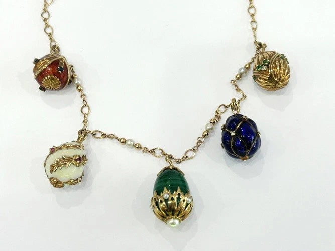 14K Yellow Gold 5 Egg Enamel & Gold Necklace 38.5 Grams