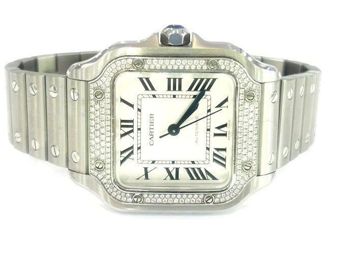 Cartier Stainless Steel Santos De Cartier Watch Pave Bezel Medium Model B&P