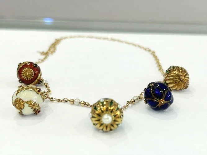 14K Yellow Gold 5 Egg Enamel & Gold Necklace 38.5 Grams